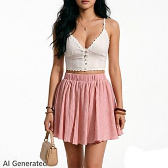 Women's Pleated Mini Skirts Ruffle Flowy Elastic Waist a Line Double Layered Casual Summer Outfit