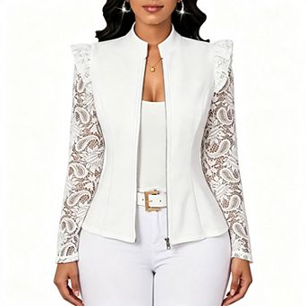 Kojooin Women Zip Up Lace Long Sleeve Mock Neck Ruffle Shoulder Dressy Fitted Outerwear Jacket