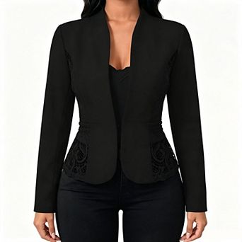 Kojooin Women Open Front Lace Inset Long Sleeve Curved Hem Dressy Casual Blazer Jacket