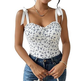 Seoria Floral Tie Shoulder Bustier Tank Sleeveless Bodysuit Top