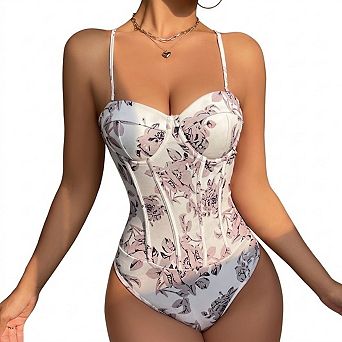 Seoria Floral Print Corset Cami Sleeveless Bodysuit Top