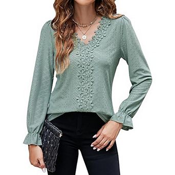 Women Floral Lace V Neck Long Sleeve Eyelet Textured Casual Blouse Tops