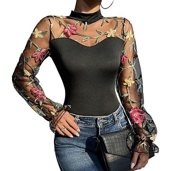Seoria Mesh Embroidered Mock Neck Long Sleeve Bodysuit Top