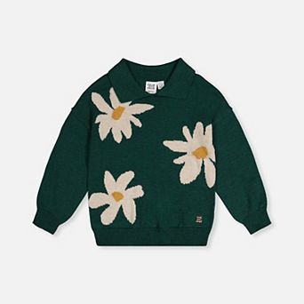 Big Kids Girl Daisy Jacquard Shirt-Collar Knitted Sweater
