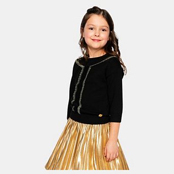 Big Kids Girl Knitted Crewneck Sweater with Metallic Lace Detail