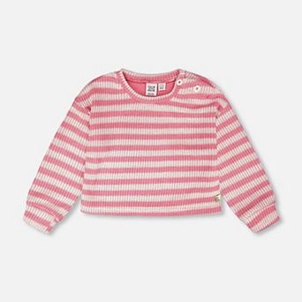 Big Kids Girl Striped Ribbed Shoulder Button Sweater