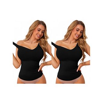 2 Packs Women's U-Neck Ribbed Tummy Control Unpadded Camisole Slim Fit Shaping Tanks