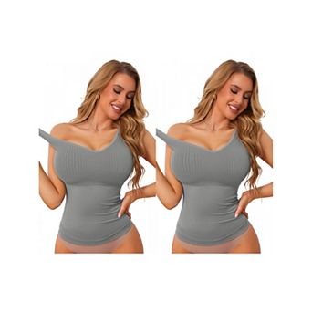 2 Packs Women's U-Neck Ribbed Tummy Control Unpadded Camisole Slim Fit Shaping Tanks