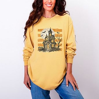 Haunted House Orange Stripes - Women's Garment Dyed Long Sleeve Graphic T-Shirt
