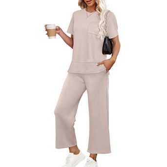 Womens 2 pc Wide Leg Lounge Set Short Sleeve Crewneck Tracksuit For Vacation Travel