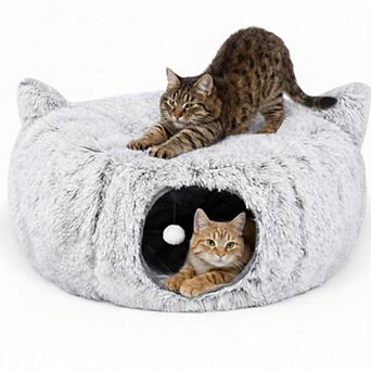 3-in-1 Foldable Cat Tunnel Bed With Interactive Toys Peekaboo Hideaway