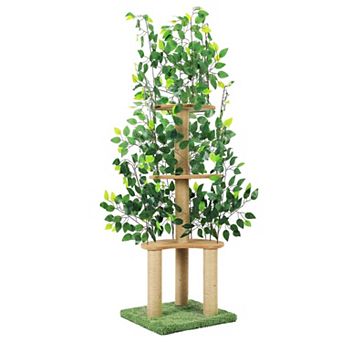 3 Layer Cat Tree With Artificial Banyan Leaves Scratching Post Indoor Climbing Tower