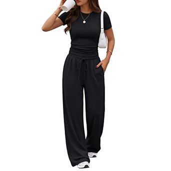Womens 2 pc Summer Lounge Set Side Ruched Top Wide Leg Pants Travel Outfits