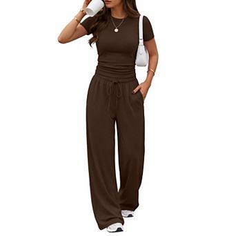 Womens 2 pc Summer Lounge Set Side Ruched Top Wide Leg Pants Travel Outfits