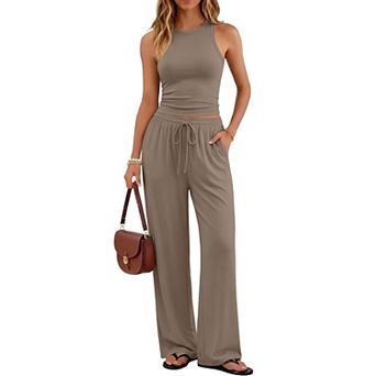 Womens 2 pc Soft Lounge Set Tank Top High Waisted Pants With Pockets