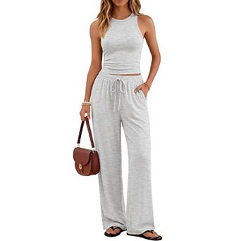 Womens 2 pc Soft Lounge Set Tank Top High Waisted Pants With Pockets