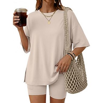 Womens 2 pc Stretch Breathable Loungewear Set With Pockets Summer Outfit