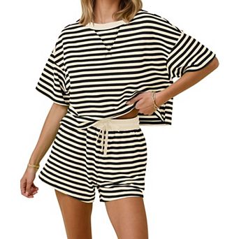 Womens 2 pc Summer Striped Lounge Set Short Sleeve Crew Neck Pajamas with Pockets