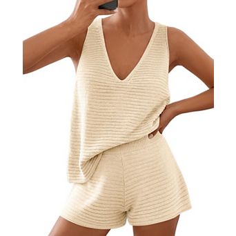 Womens 2 pc V Neck Knit Vacation Beach Outfit Soft Breathable Summer Set