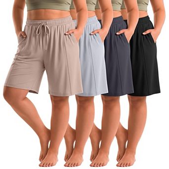 4-Pack Womens Plus Size Bermuda Shorts High Waist Drawstring Pockets Casual Athletic