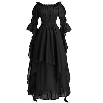 Women Victorian Renaissance Costume Off Shoulder Ruffled Bell Sleeves Gothic Witch Dress