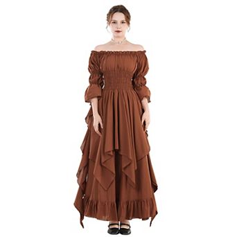 Women Victorian Renaissance Costume Off Shoulder Ruffled Bell Sleeves Gothic Witch Dress