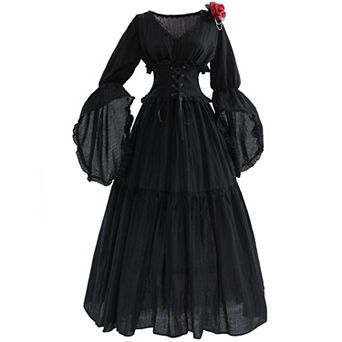 Women Victorian Renaissance Costume Off Shoulder Ruffled Bell Sleeves Gothic Witch Dress