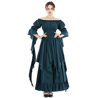Women Victorian Renaissance Costume Off Shoulder Ruffled Bell Sleeves Gothic Witch Dress