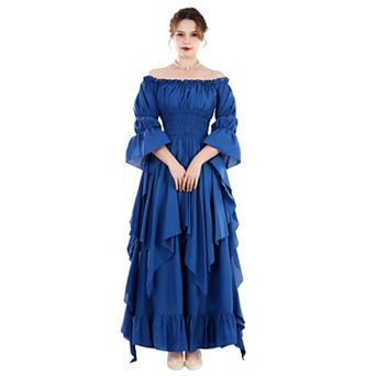 Women Victorian Renaissance Costume Off Shoulder Ruffled Bell Sleeves Gothic Witch Dress