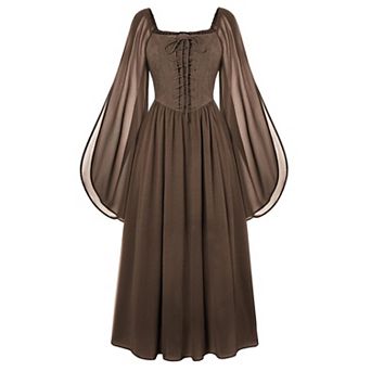 Women Medieval Witch Dress Bell Sleeves Chiffon Pockets Ren Faire Fairy Outfit