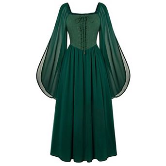 Women Medieval Witch Dress Bell Sleeves Chiffon Pockets Ren Faire Fairy Outfit