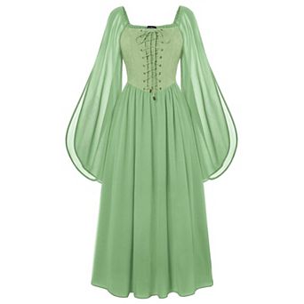 Women Medieval Witch Dress Bell Sleeves Chiffon Pockets Ren Faire Fairy Outfit