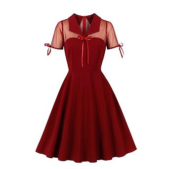 Women Vintage Gothic Cocktail Dress Illusion Mesh Sleeve Keyhole Collar A Line Mini Dress