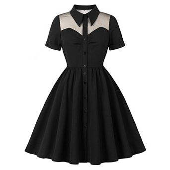 Women Vintage Gothic Cocktail Dress Illusion Mesh Sleeve Keyhole Collar A Line Mini Dress