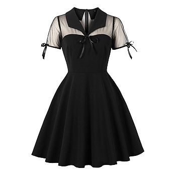 Women Vintage Gothic Cocktail Dress Illusion Mesh Sleeve Keyhole Collar A Line Mini Dress
