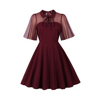 Women Vintage Gothic Cocktail Dress Illusion Mesh Sleeve Keyhole Collar A Line Mini Dress