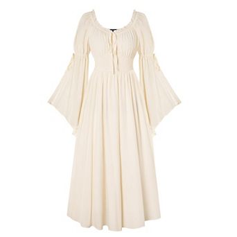 Women Renaissance Medieval Peasant Maxi Dress Smocked Waist Pockets Off Shoulder