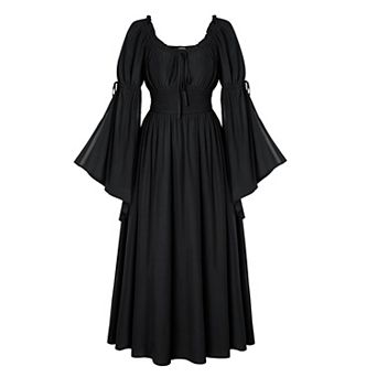 Women Renaissance Medieval Peasant Maxi Dress Smocked Waist Pockets Off Shoulder