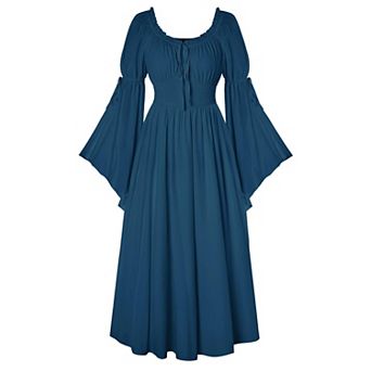 Women Renaissance Medieval Peasant Maxi Dress Smocked Waist Pockets Off Shoulder