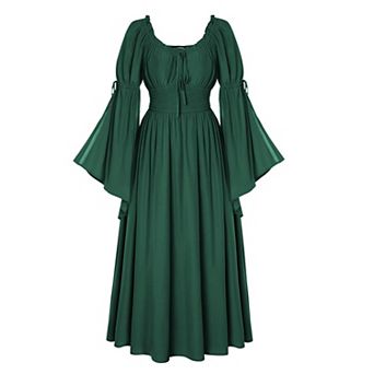 Women Renaissance Medieval Peasant Maxi Dress Smocked Waist Pockets Off Shoulder
