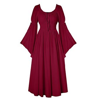Women Renaissance Medieval Peasant Maxi Dress Smocked Waist Pockets Off Shoulder