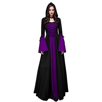 Women's Gothic Witch Medieval Sorceress Costume Hooded Lace Up Maxi Dress