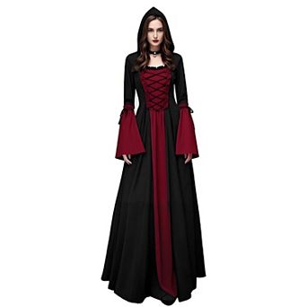Women's Gothic Witch Medieval Sorceress Costume Hooded Lace Up Maxi Dress