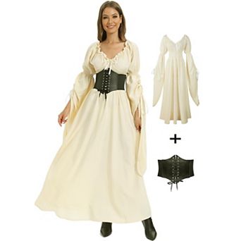 Women Renaissance Witch Dress Gothic Fairy Costume With Bell Sleeves Corset Waist