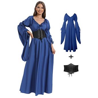 Women Renaissance Witch Dress Gothic Fairy Costume With Bell Sleeves Corset Waist