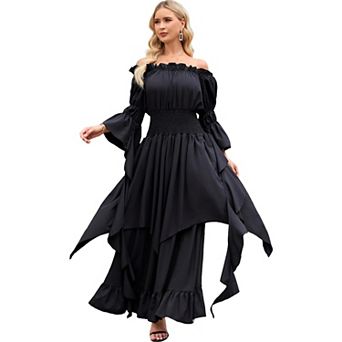 Renaissance Gothic Women Off Shoulder Bell Sleeve Smocked Waist Asymmetrical Skirt Faire Costume