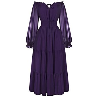 Women Renaissance Off Shoulder Split Sleeve Maxi Dress Smocked Waist Pockets Chiffon