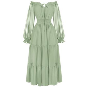 Women Renaissance Off Shoulder Split Sleeve Maxi Dress Smocked Waist Pockets Chiffon