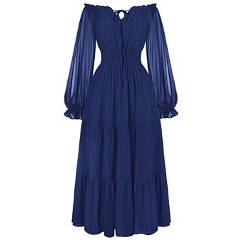 Women Renaissance Off Shoulder Split Sleeve Maxi Dress Smocked Waist Pockets Chiffon