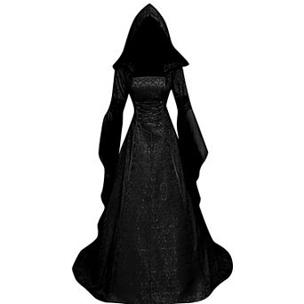 Women Renaissance Witch Vampire Costume Hooded Gown Bell Sleeves Corset Waist